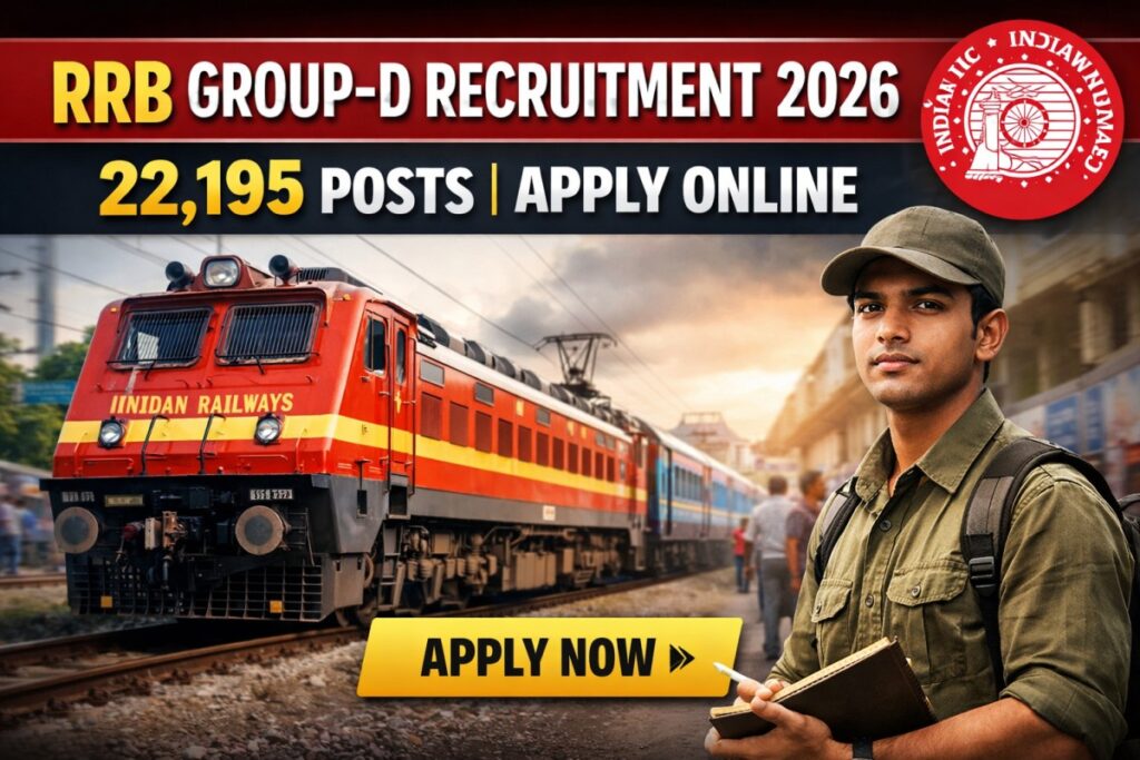 RRB Group-D Recruitment 2026 banner showing 22,195 posts, Indian Railways train, official logo, and Apply Now button for online application.
