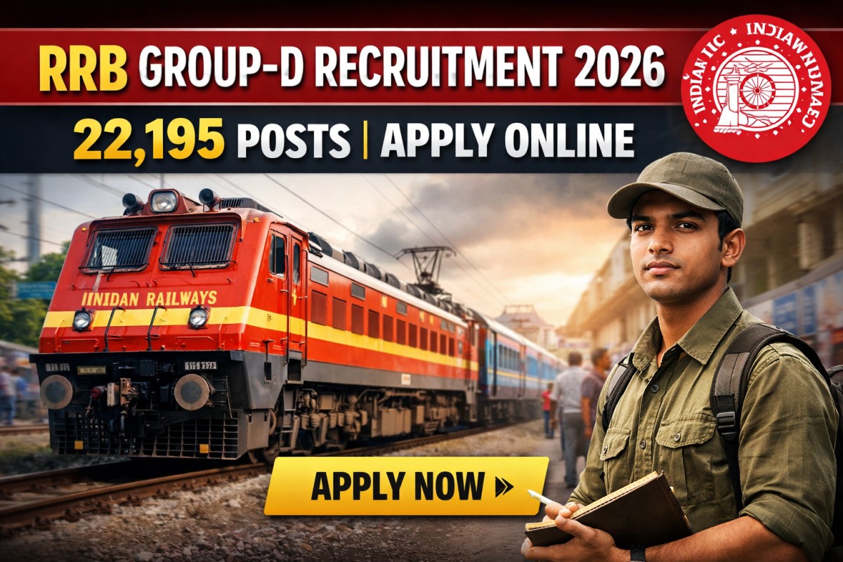 RRB Group-D Recruitment 2026 banner showing 22,195 posts, Indian Railways train, official logo, and Apply Now button for online application.